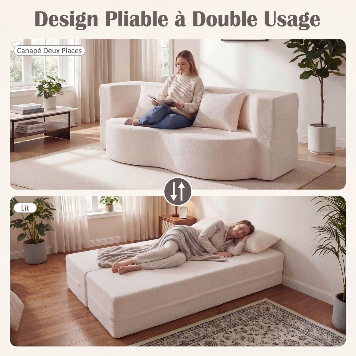 Folding Sofa Bed 192.5 cm, Teddy Fleece, 2 Cushions