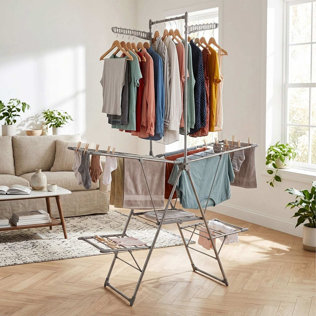 Folding Stainless Steel Clothes Drying Rack with Rail