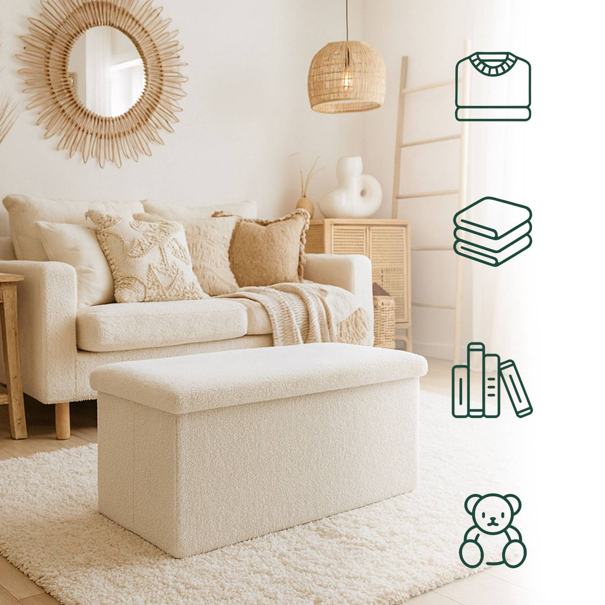 Folding Storage Bench, Teddy Fabric, Seats 2