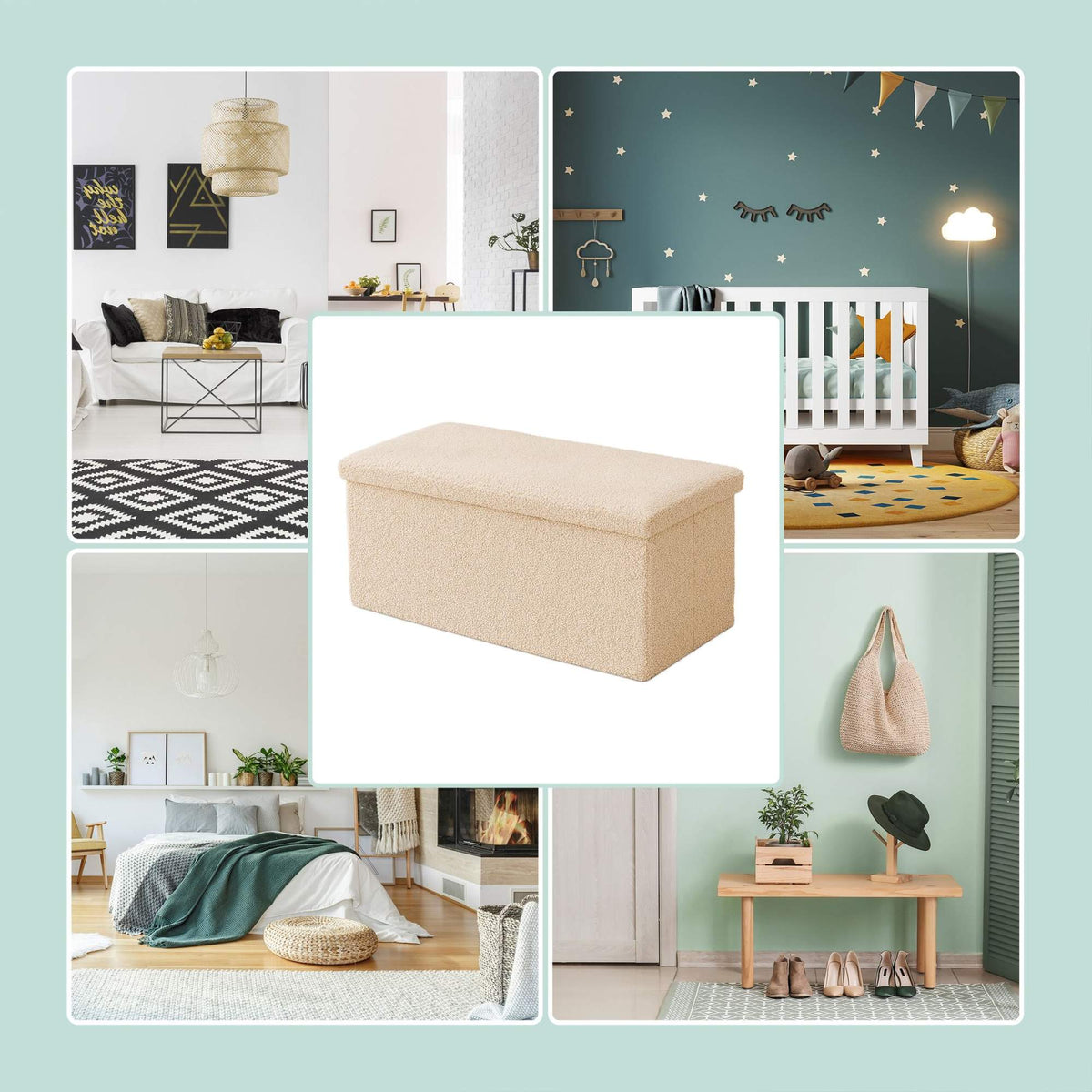 Folding Storage Bench with Teddy Fabric, 2-Seater