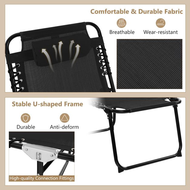Folding Sun Lounger, Adjustable Backrest, Headrest, Side Pocket, Black