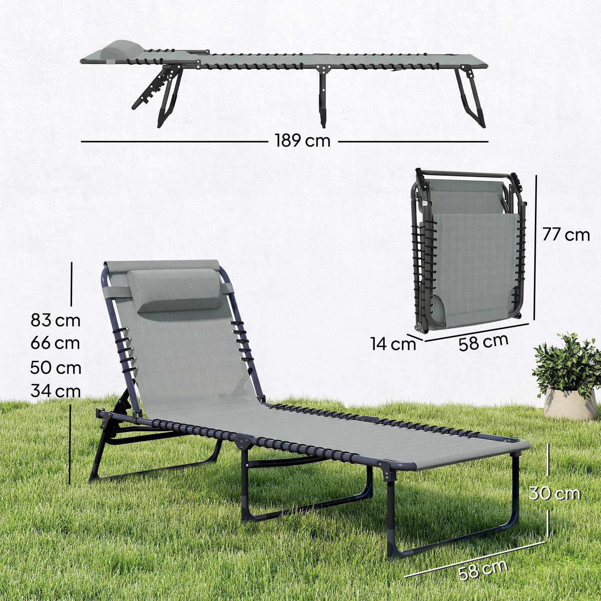 Folding Sun Lounger, Adjustable, Steel Frame, Light Grey