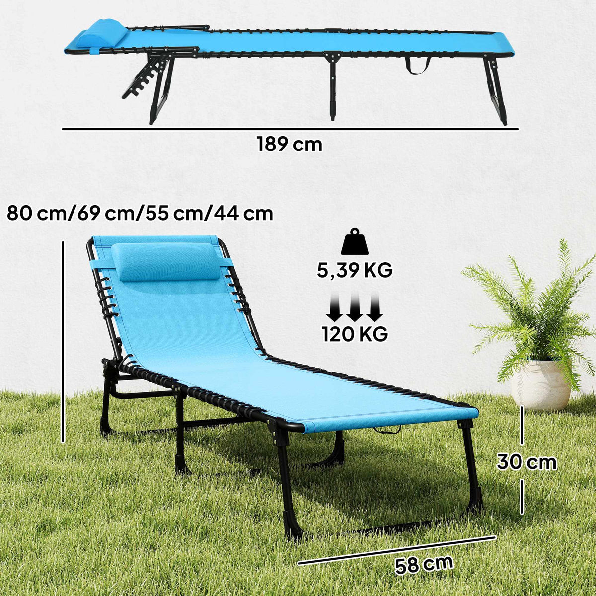 Folding Sun Lounger, Breathable Fabric, Metal Frame, 189x58x30 cm