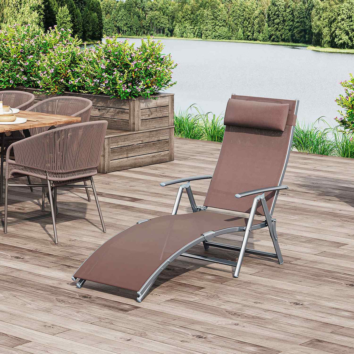 Folding Sun Lounger, Garden Lounger, Relaxation Lounger With Brown Cushion