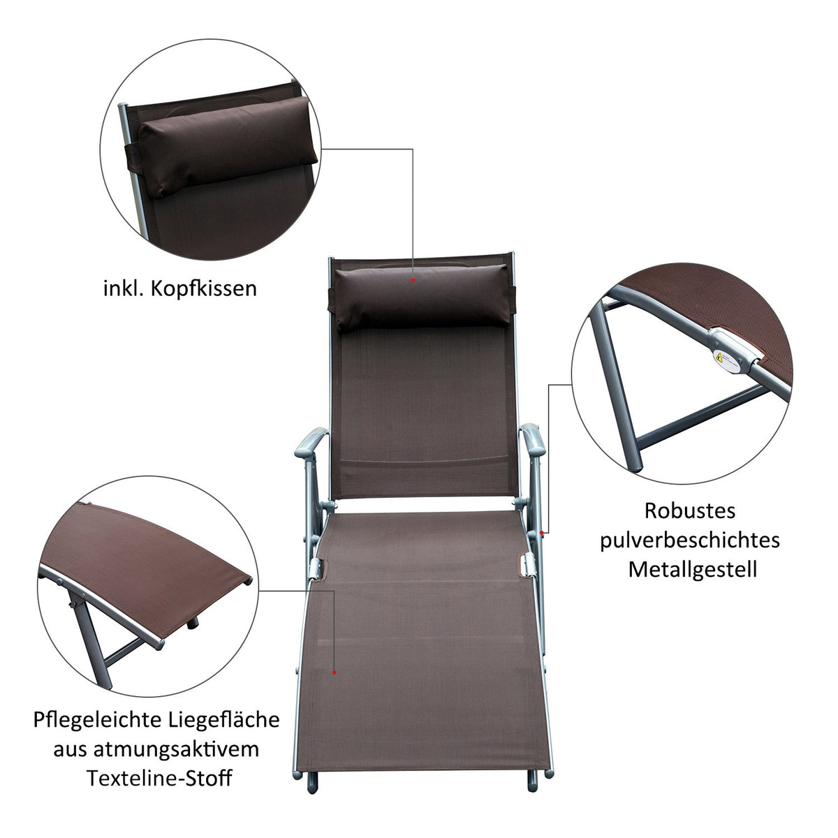 Folding Sun Lounger, Garden Lounger, Relaxation Lounger With Brown Cushion
