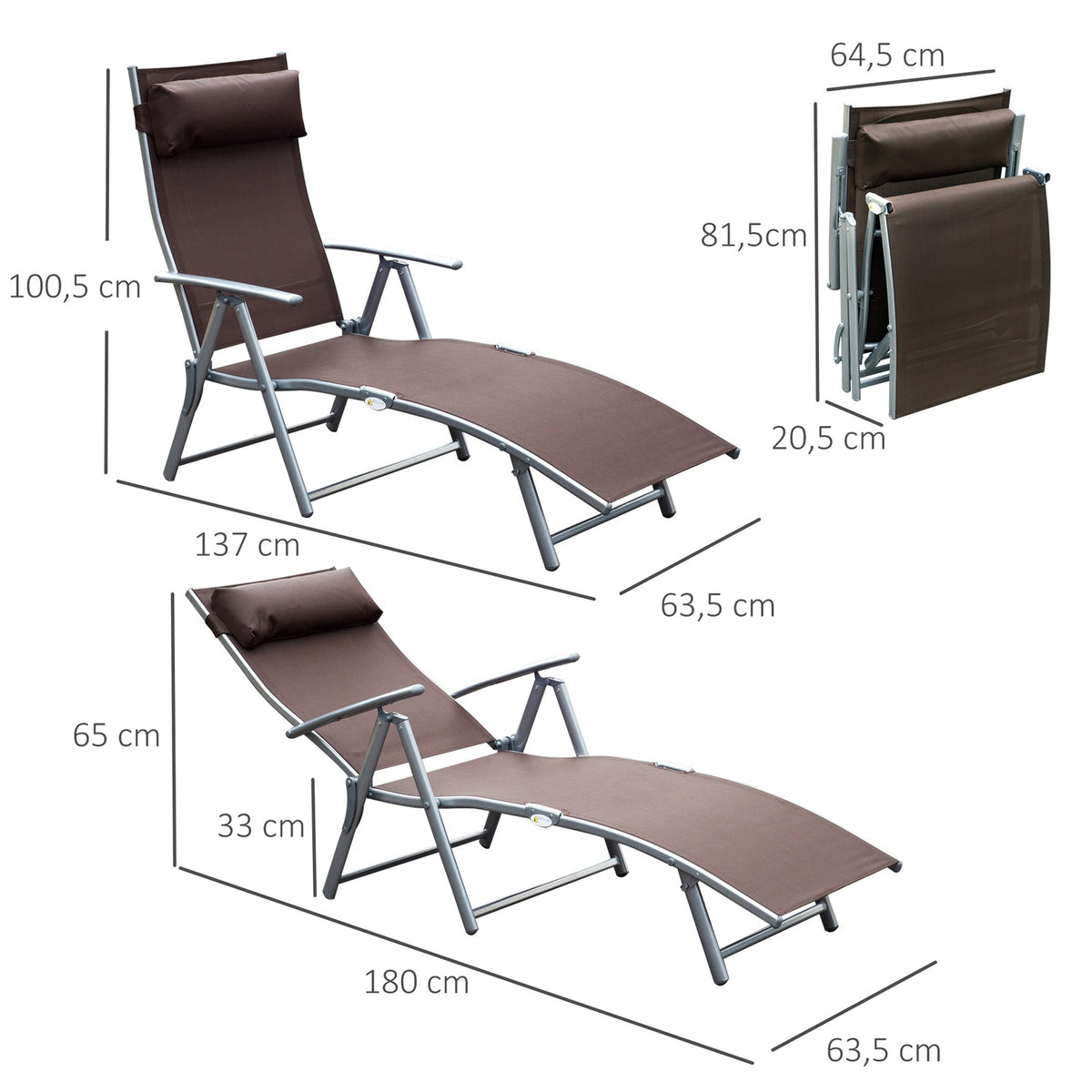 Folding Sun Lounger, Garden Lounger, Relaxation Lounger With Brown Cushion