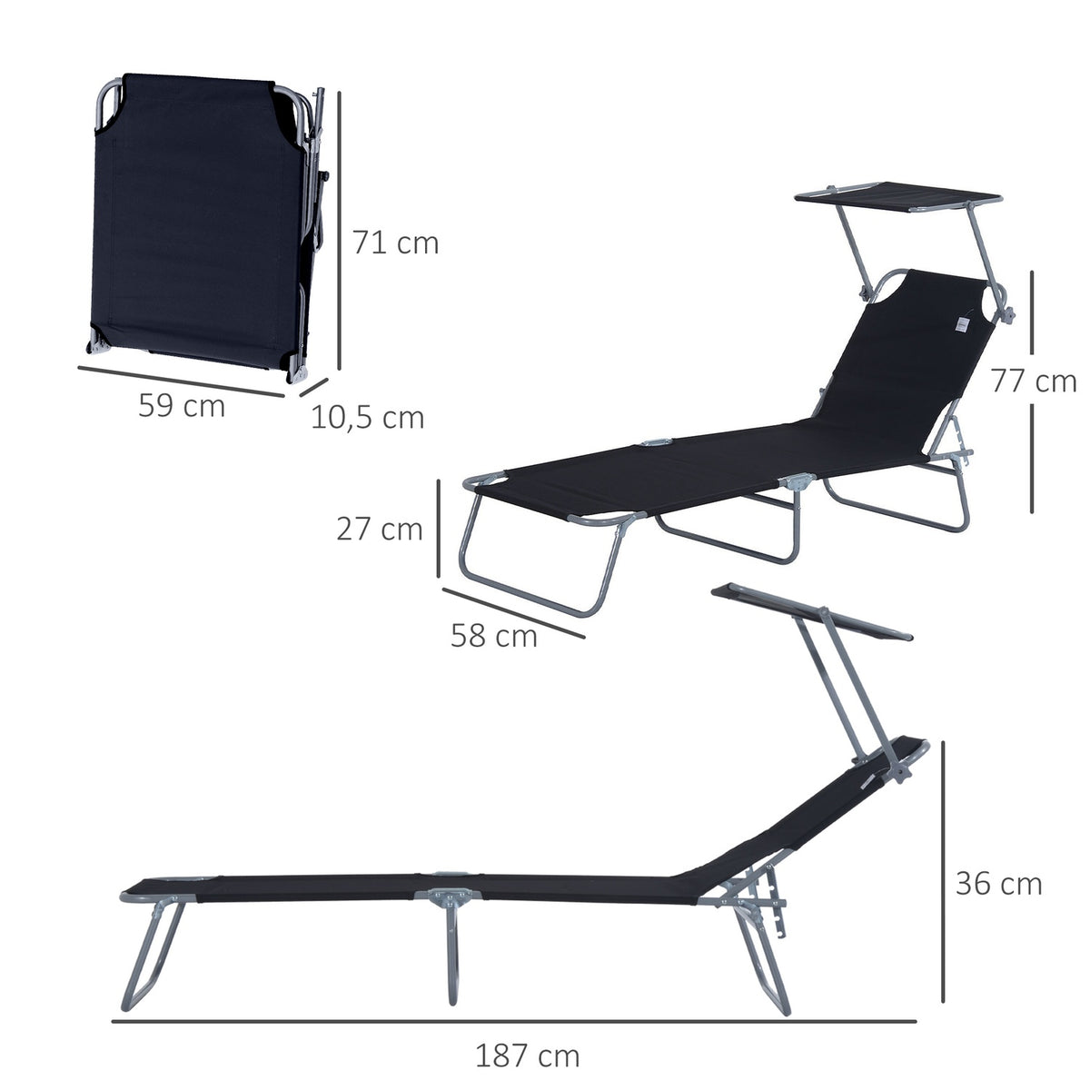 Folding Sun Lounger Garden Lounger With Sun Protection, Black, 187X58X36 Cm
