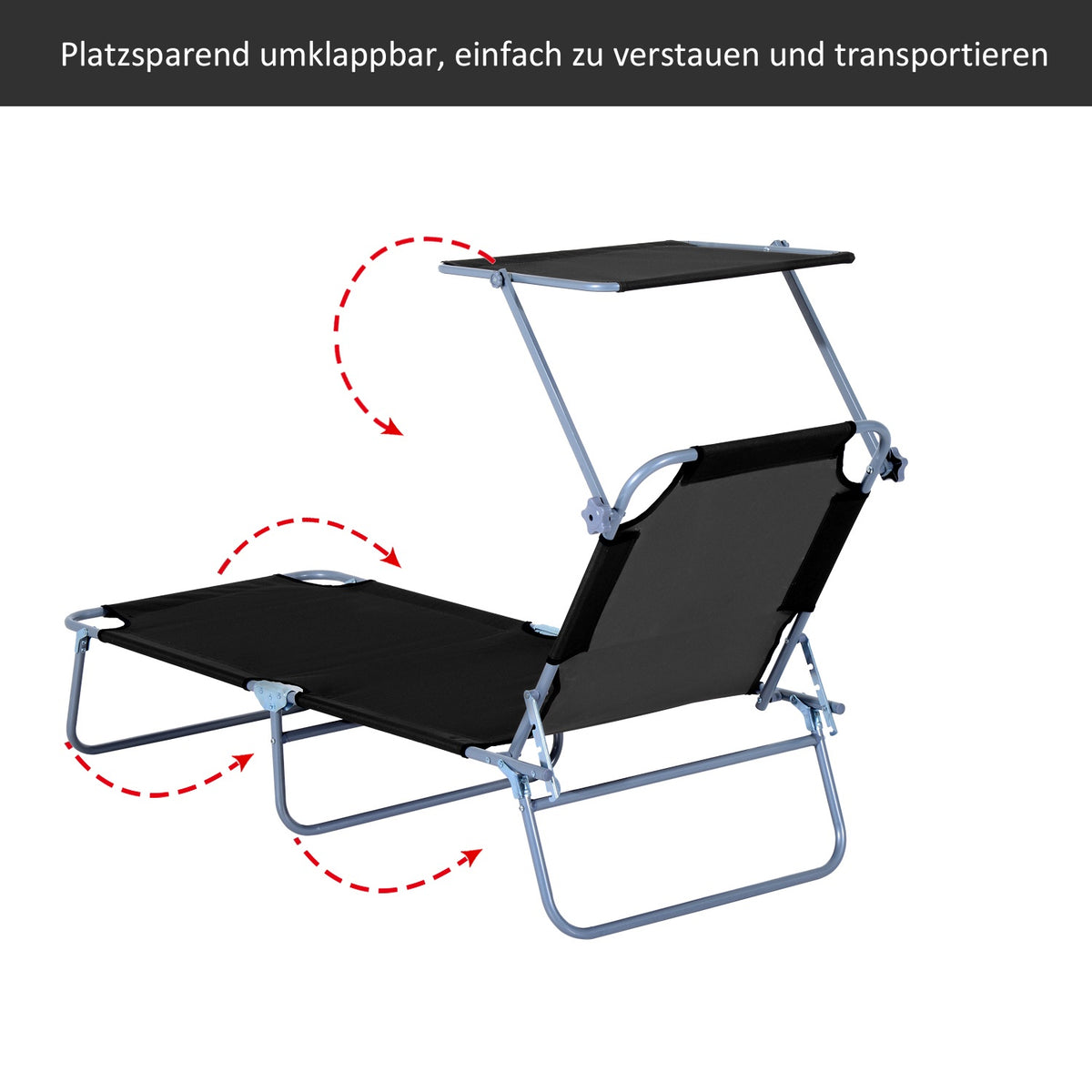 Folding Sun Lounger Garden Lounger With Sun Protection, Black, 187X58X36 Cm