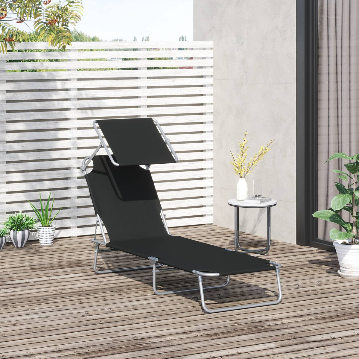 Folding Sun Lounger Garden Lounger With Sun Protection, Black, 187X58X36 Cm