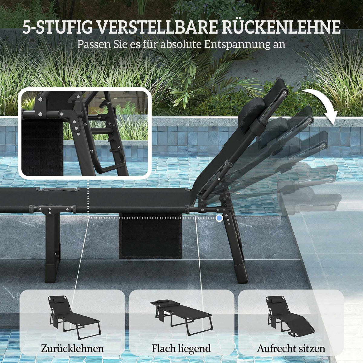 Folding Sun Lounger with Adjustable Backrest and Cushion