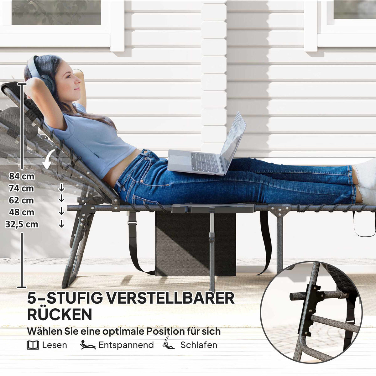 Folding Sun Lounger with Adjustable Backrest and Pillow