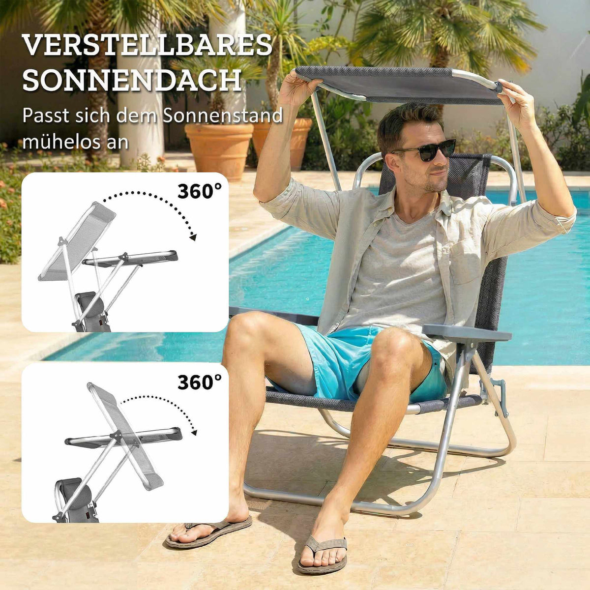 Folding Sun Lounger with Adjustable Canopy and Pillow