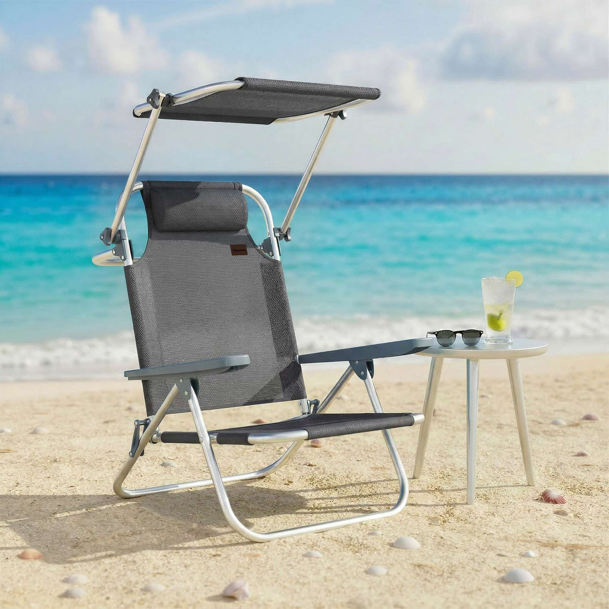 Folding Sun Lounger with Adjustable Canopy and Pillow