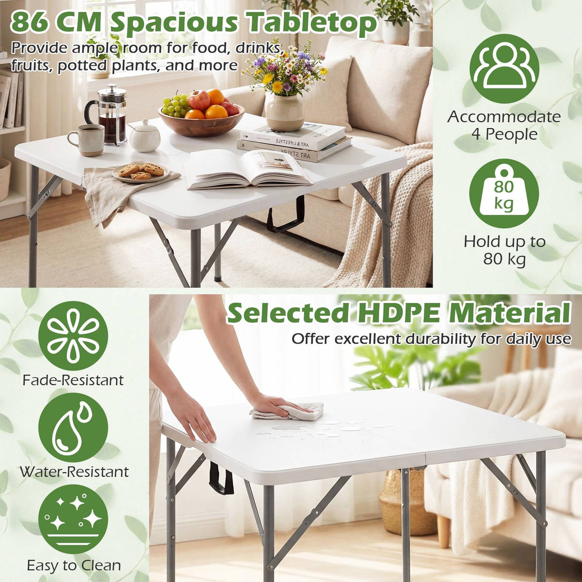 Folding Table 86 cm Square, Carry Handle, Metal Legs