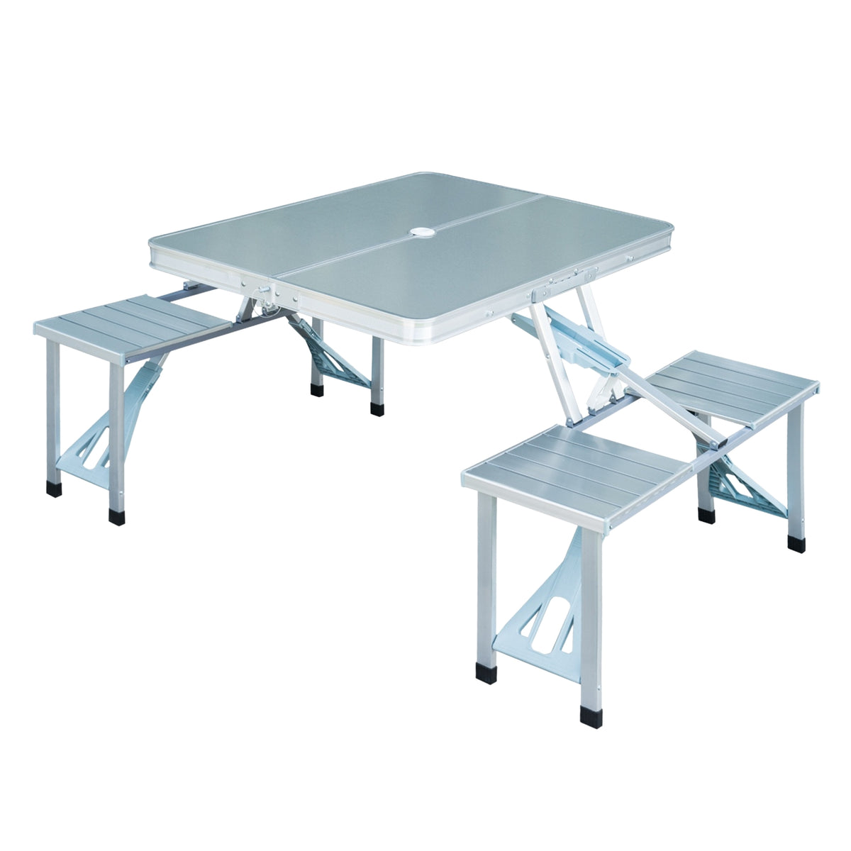 Folding Table With Seats Aluminum Picnic Suitcase Seating Group, Portable, Silver & Mdf, 84.5X67.5X66.5 Cm, For Camping & Outdoor