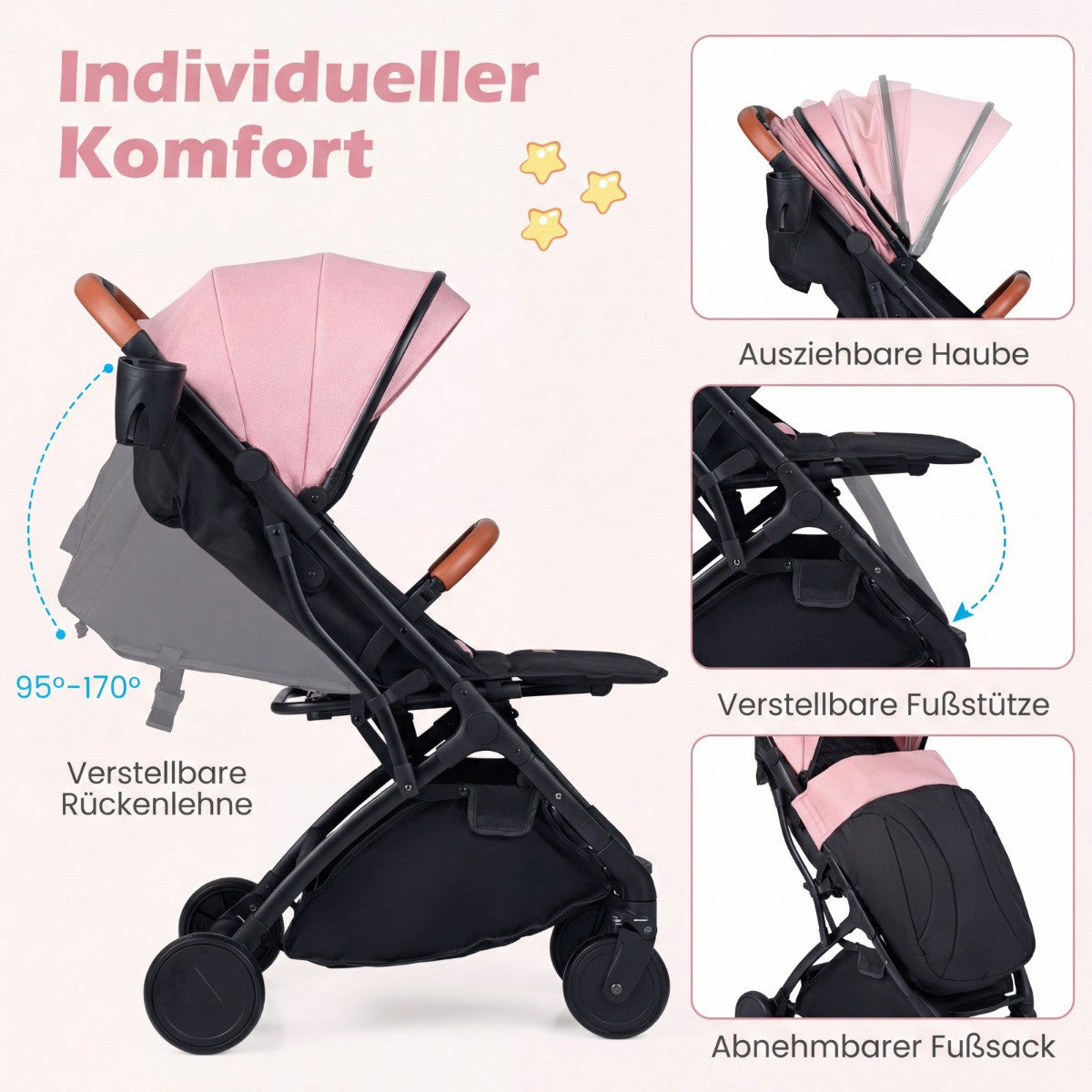 Folding Travel Stroller with Rain Cover, Adjustable Backrest