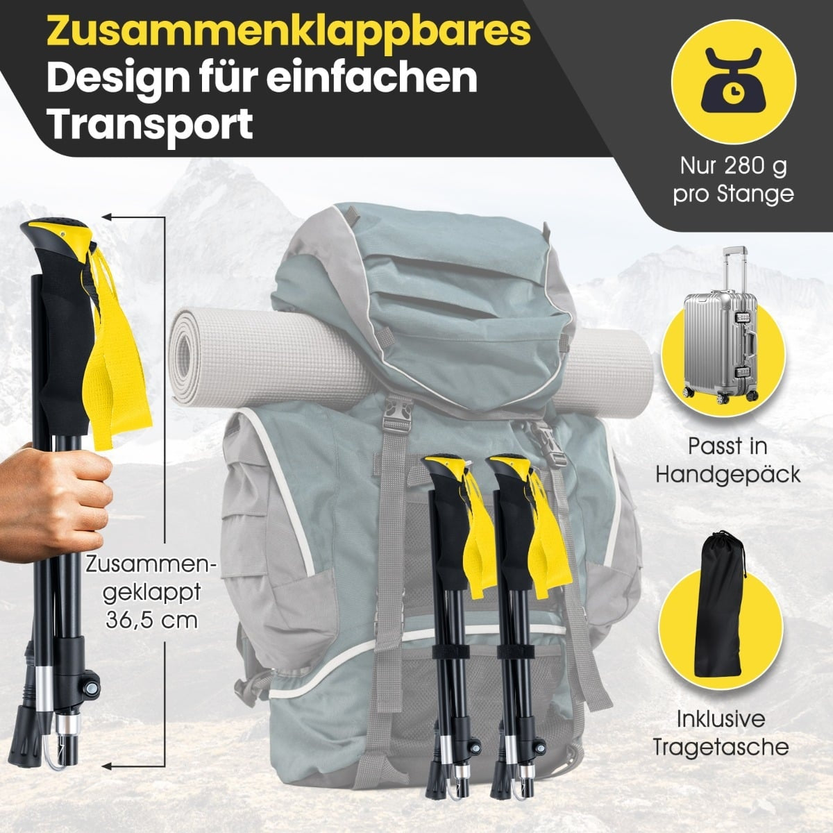 Folding Trekking Poles, Quick Lock, 115-130 cm, Yellow