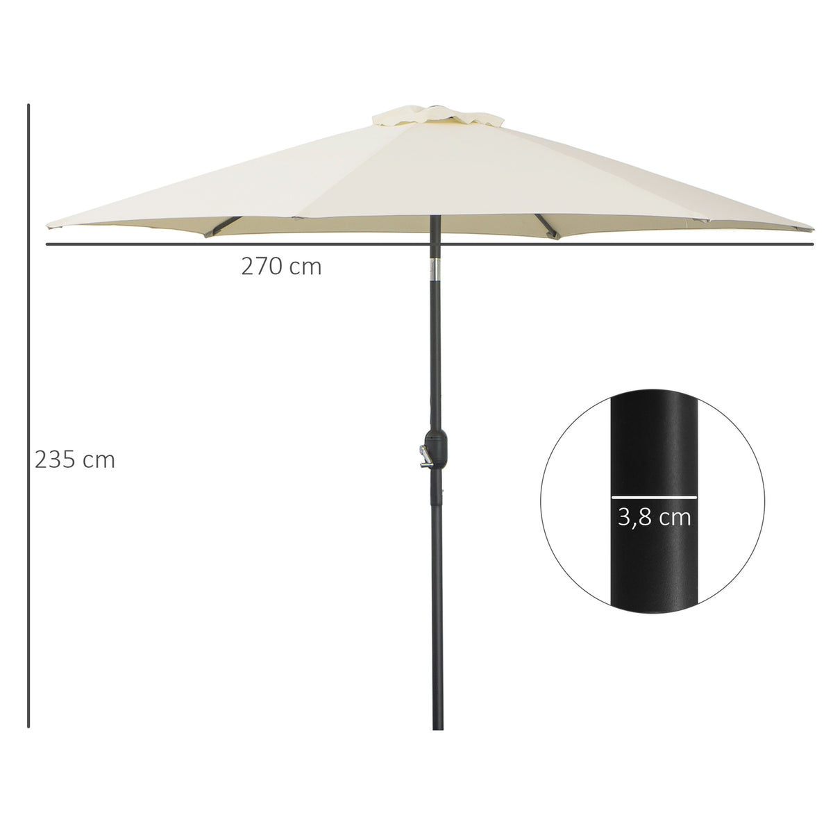 Folding Umbrella Parasol Garden Umbrella Market Umbrella With Hand Crank Aluminum 180/㎡ Polyester Beige ∅2.7 X 2.35 M