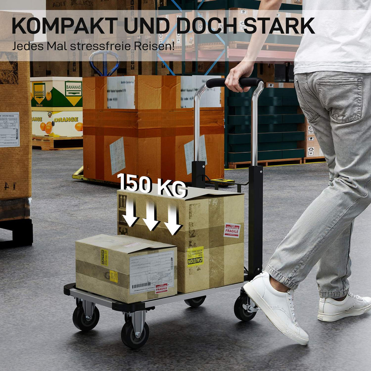 Folding Wagon, 150kg Capacity, Adjustable Handle, Black
