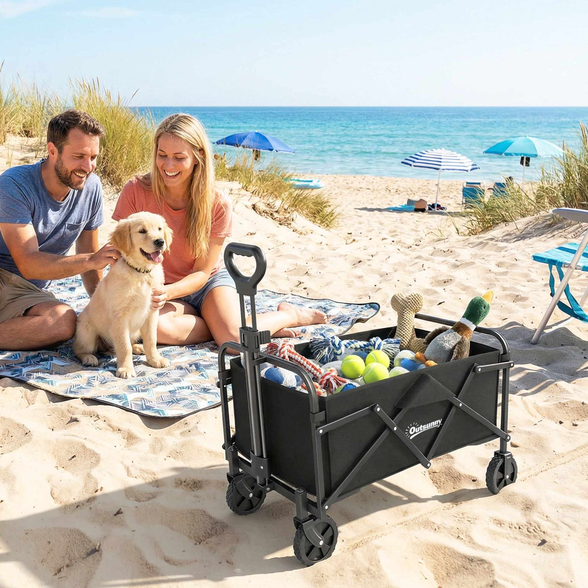 Folding Wagon with Adjustable Handle, 68kg Capacity, Black