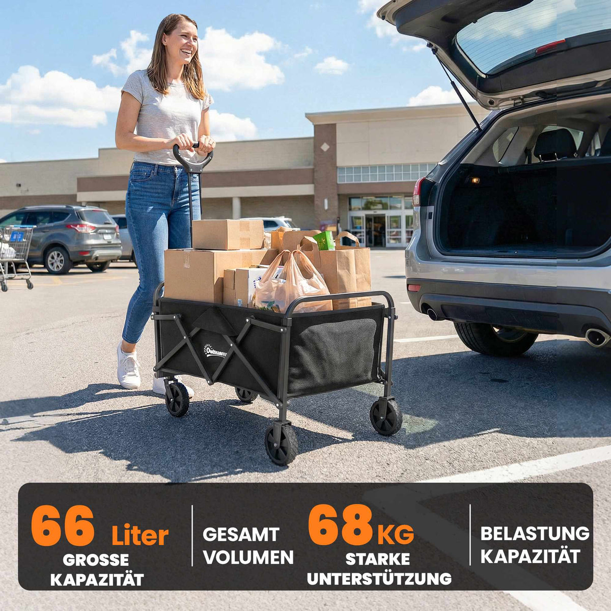 Folding Wagon with Adjustable Handle, 68kg Capacity, Black