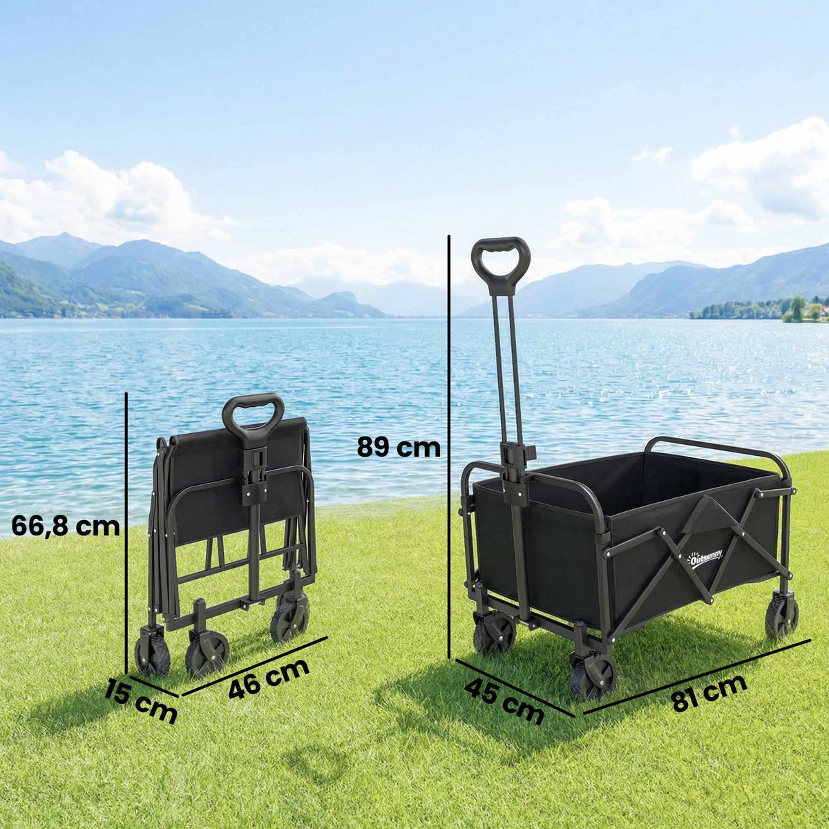 Folding Wagon with Adjustable Handle, 68kg Capacity, Black