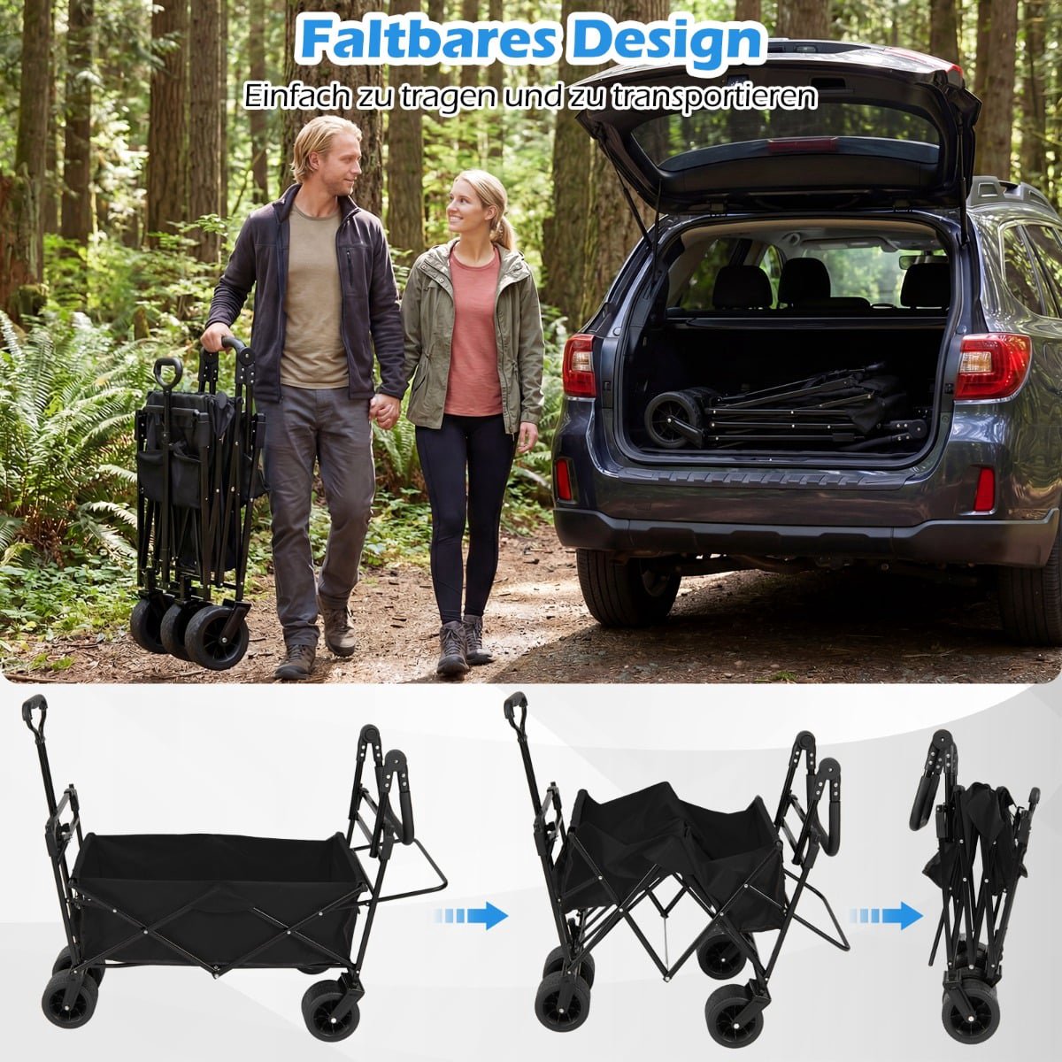 Folding Wagon with Removable Canopy, Adjustable Handles, Black