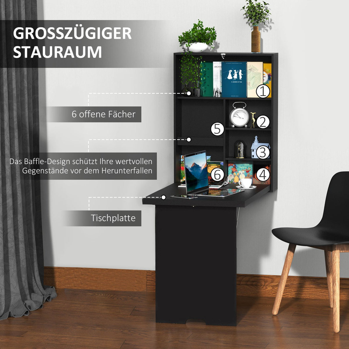 Folding Wall Table, Folding Desk, Computer Table With Blackboard, Black, 60 X 94.5 X 147 Cm