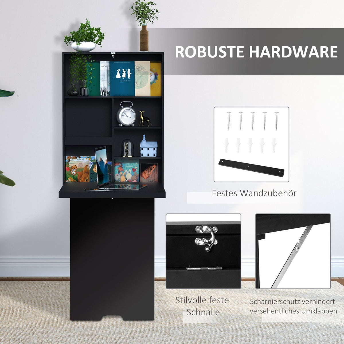 Folding Wall Table, Folding Desk, Computer Table With Blackboard, Black, 60 X 94.5 X 147 Cm
