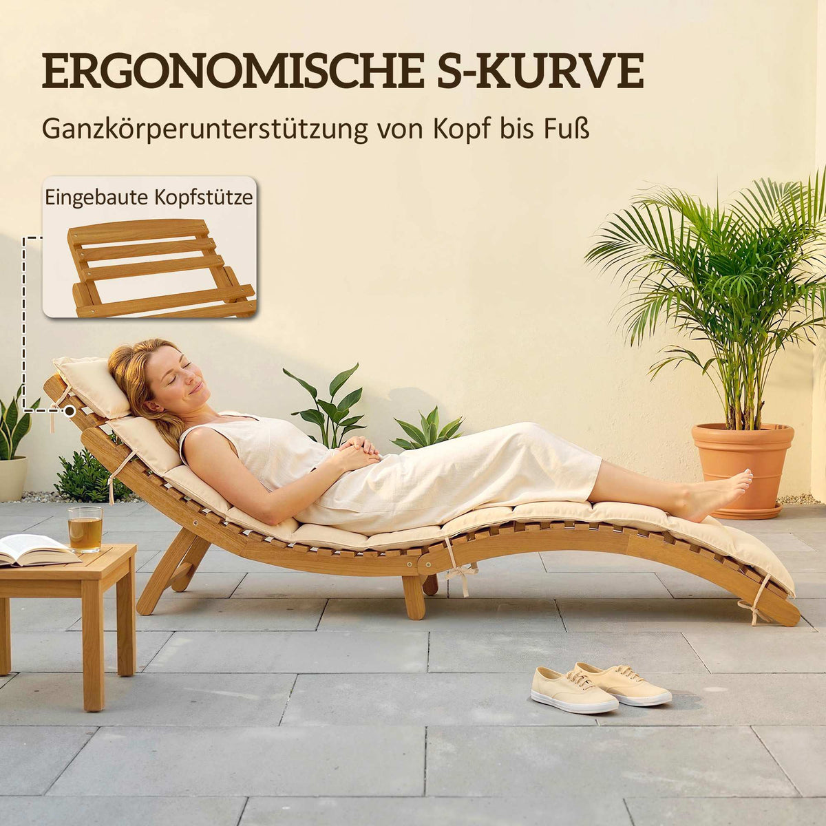 Folding Weatherproof Wooden Sun Lounger with Cushion, Beige