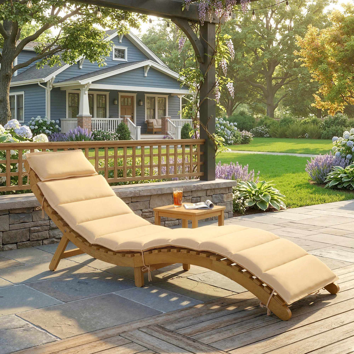 Folding Weatherproof Wooden Sun Lounger with Cushion, Beige