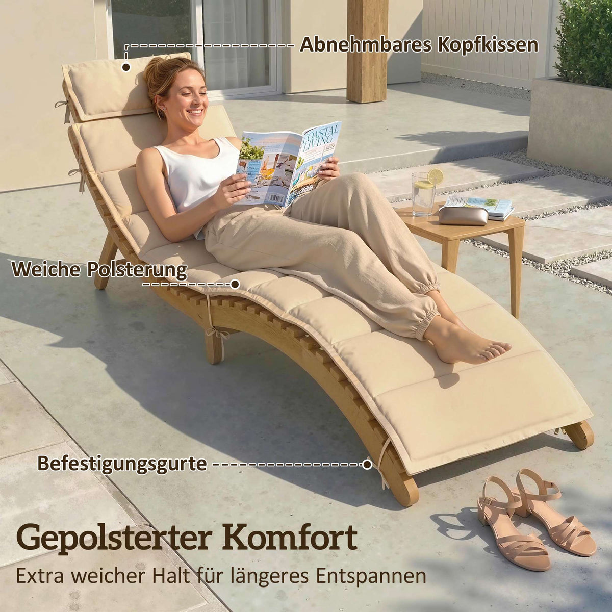 Folding Weatherproof Wooden Sun Lounger with Cushion, Beige