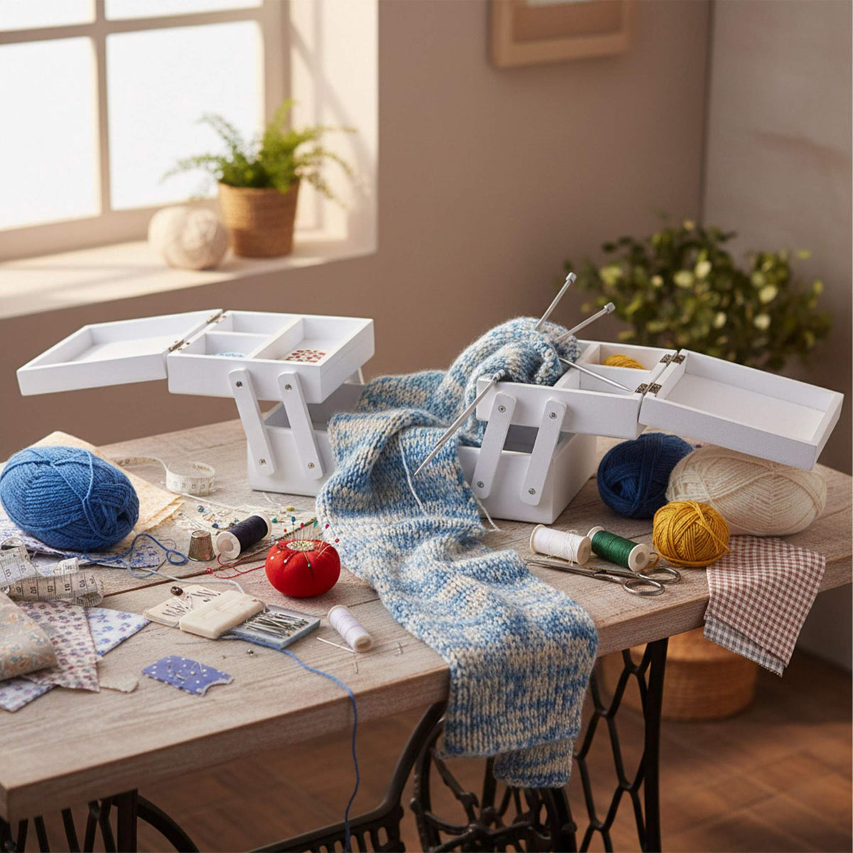 Folding Wooden Sewing Box with 5 Compartments