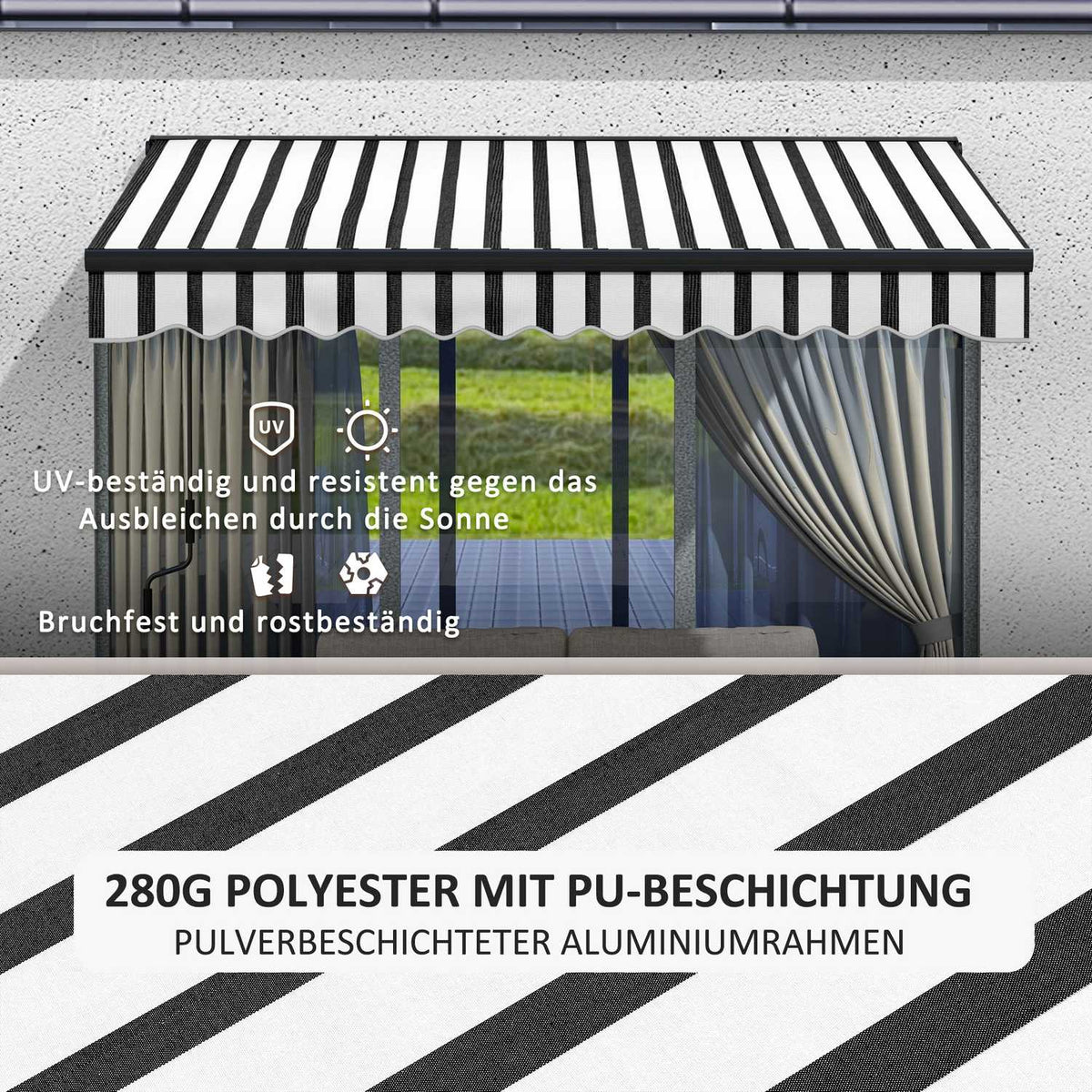 Folding arm awning electric 295 x 250 cm sun protection with UV protection, hand crank, adjustable cassette awning with remote control