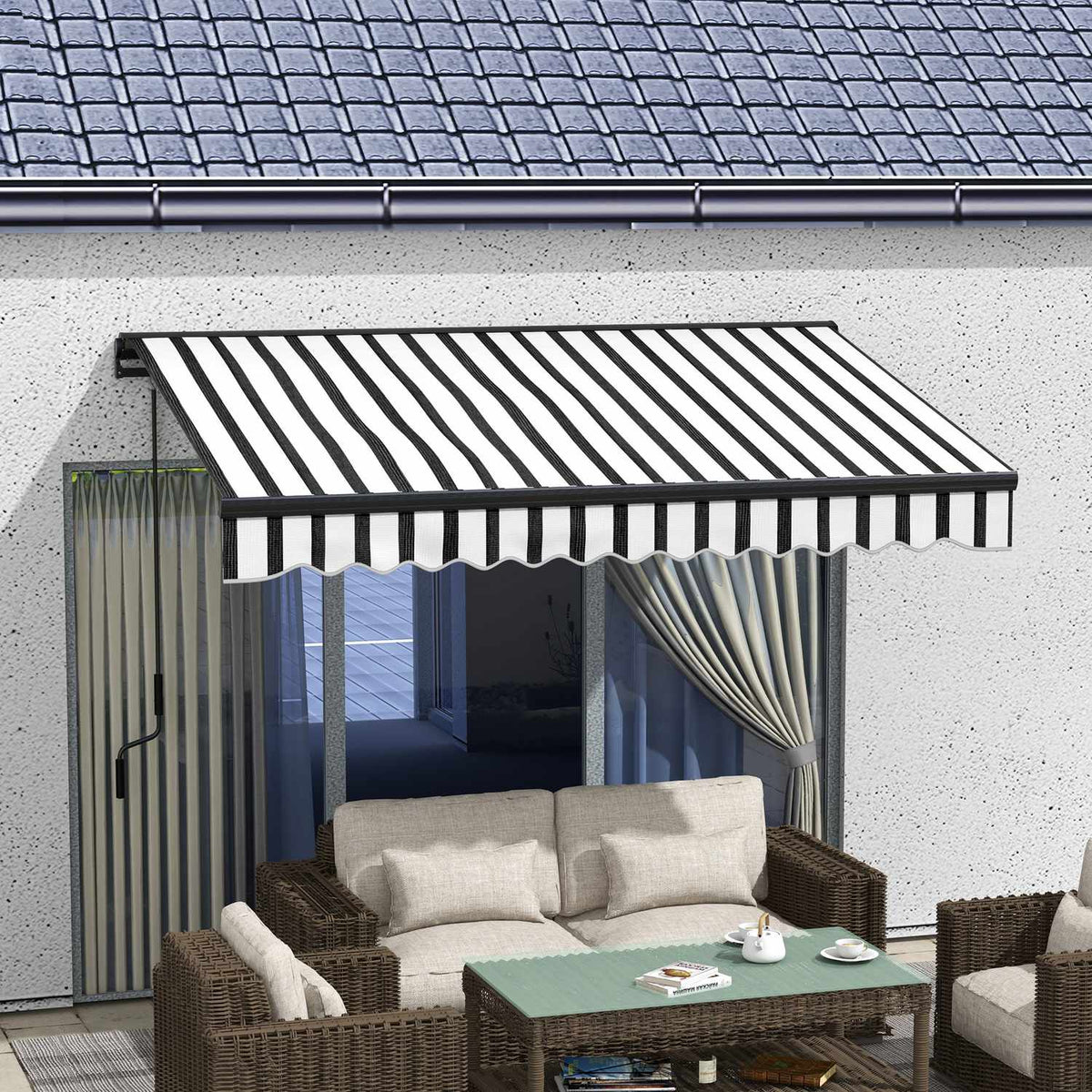 Folding arm awning electric 295 x 250 cm sun protection with UV protection, hand crank, adjustable cassette awning with remote control
