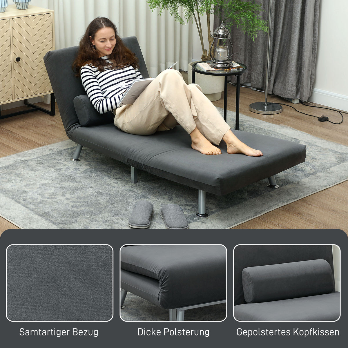 Folding armchair with bed function, foldable recliner chair in velvet look, adjustable backrest, 75 x 70 x 75 cm, dark grey
