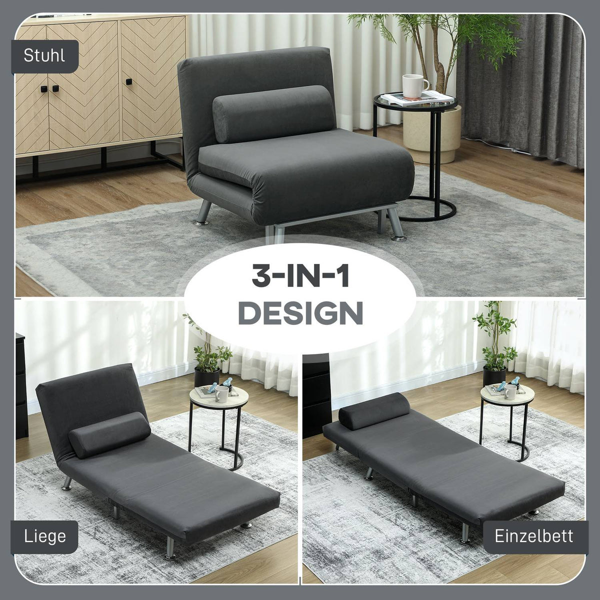 Folding armchair with bed function, foldable recliner chair in velvet look, adjustable backrest, 75 x 70 x 75 cm, dark grey