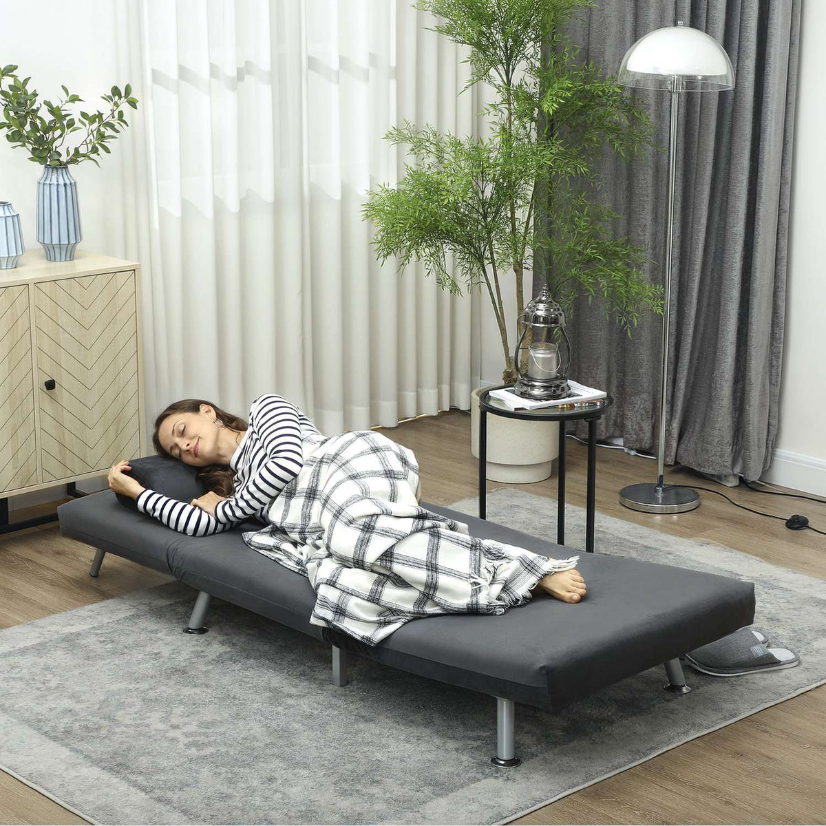 Folding armchair with bed function, foldable recliner chair in velvet look, adjustable backrest, 75 x 70 x 75 cm, dark grey
