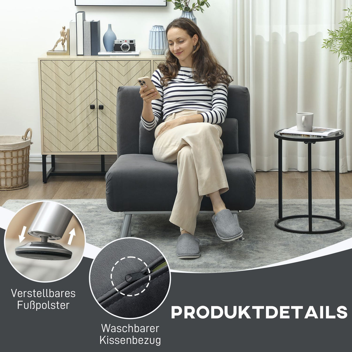 Folding armchair with bed function, foldable recliner chair in velvet look, adjustable backrest, 75 x 70 x 75 cm, dark grey