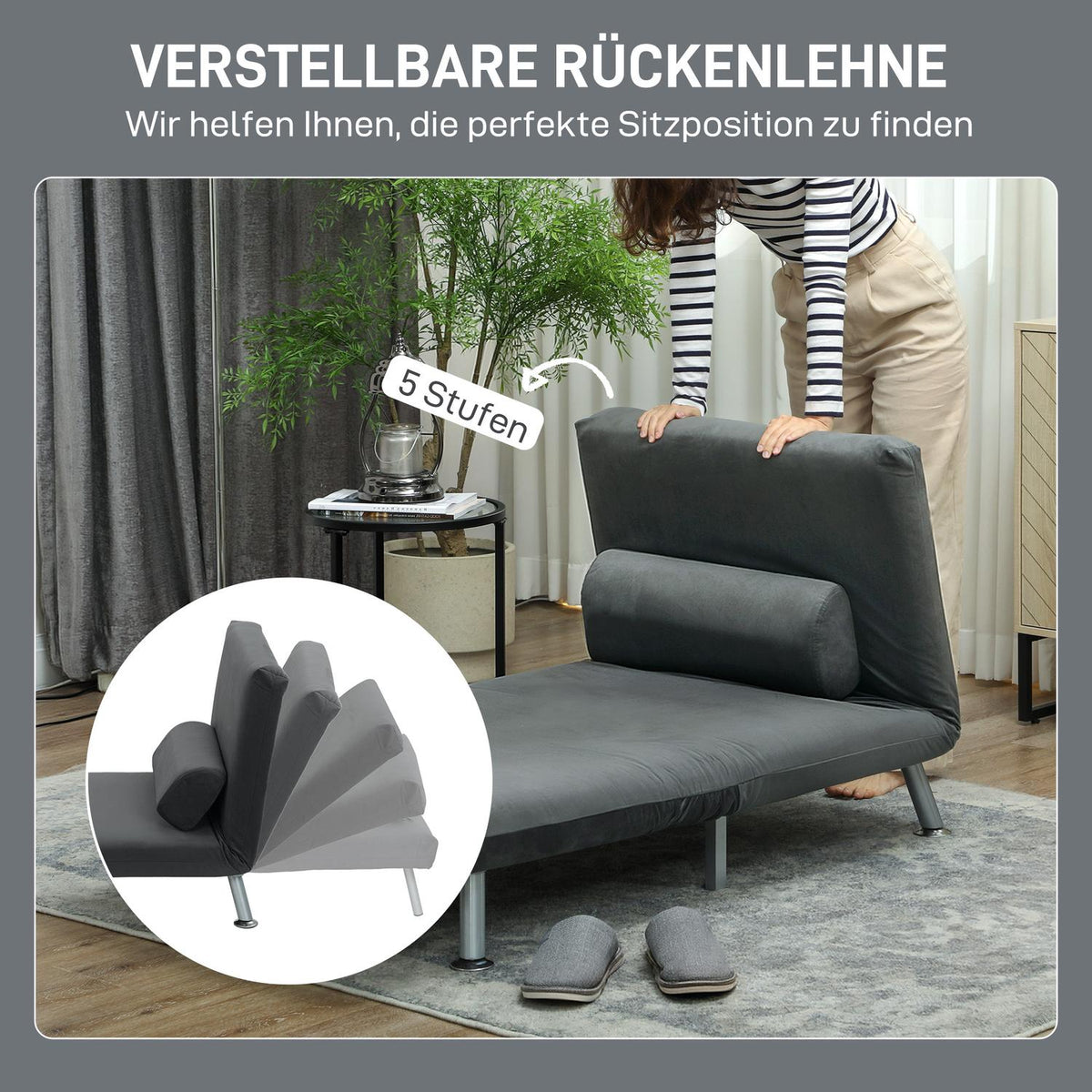 Folding armchair with bed function, foldable recliner chair in velvet look, adjustable backrest, 75 x 70 x 75 cm, dark grey