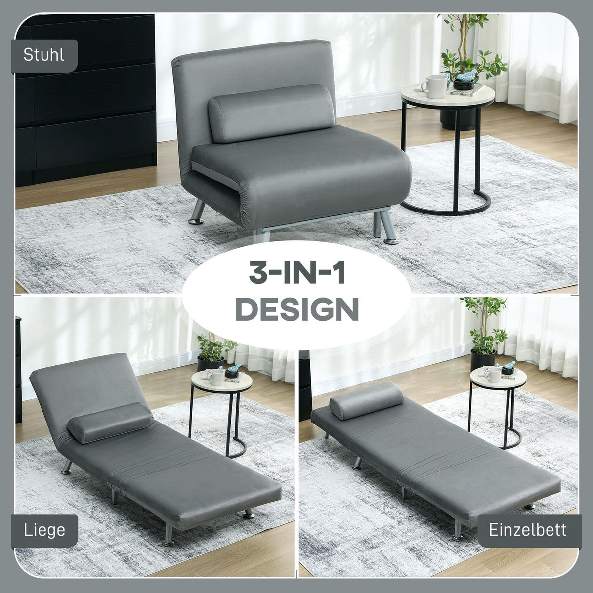 Folding armchair with bed function, foldable recliner chair in velvet look, adjustable backrest, 75 x 70 x 75 cm, grey