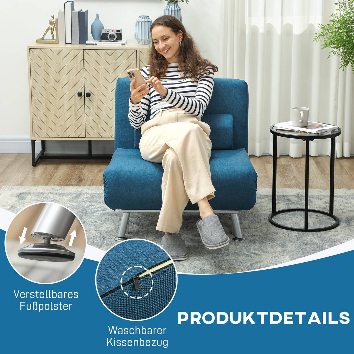 Folding armchair with bed function, foldable relaxation chair in linen look, adjustable backrest, 75 x 70 x 75 cm, blue