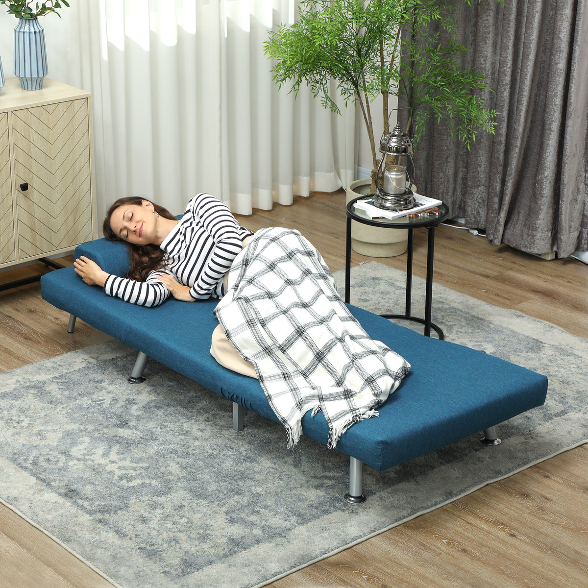 Folding armchair with bed function, foldable relaxation chair in linen look, adjustable backrest, 75 x 70 x 75 cm, blue