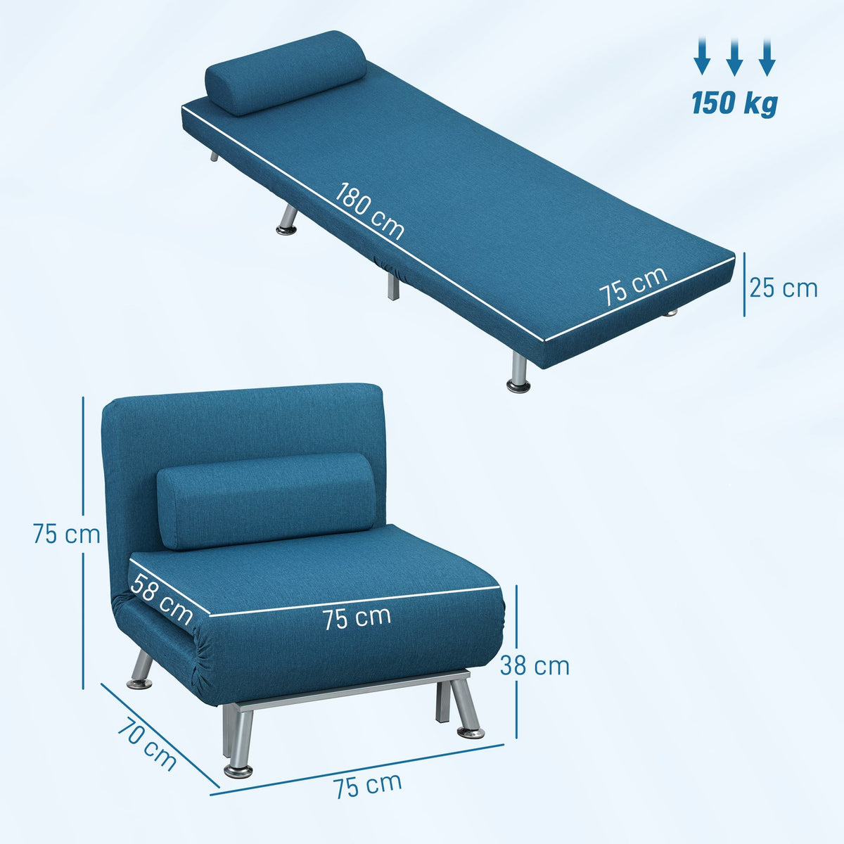Folding armchair with bed function, foldable relaxation chair in linen look, adjustable backrest, 75 x 70 x 75 cm, blue