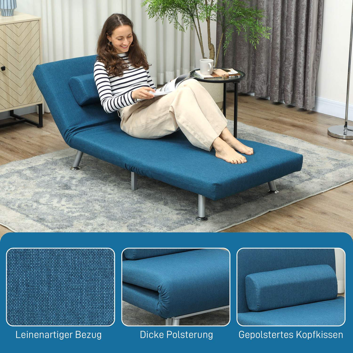 Folding armchair with bed function, foldable relaxation chair in linen look, adjustable backrest, 75 x 70 x 75 cm, blue