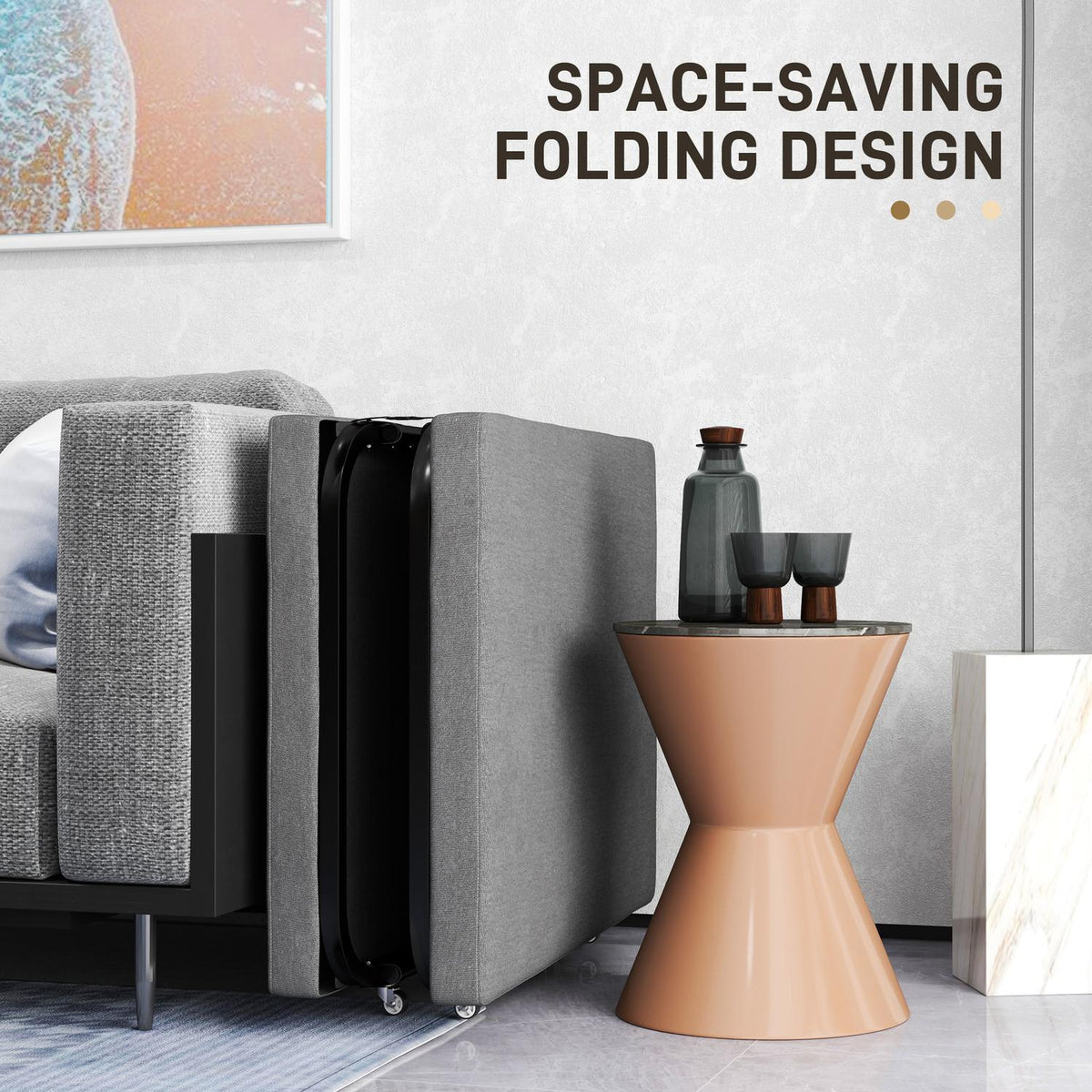 Folding bed 70 x 190 cm folding guest bed with 7cm foam mattress, adjustable headboard, travel bed with wheels, linen look, metal frame for office, guest room, dark gray