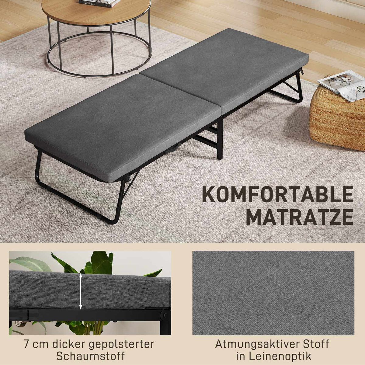 Folding bed 70 x 190 cm folding guest bed with 7cm foam mattress, adjustable headboard, travel bed with wheels, linen look, metal frame for office, guest room, dark gray