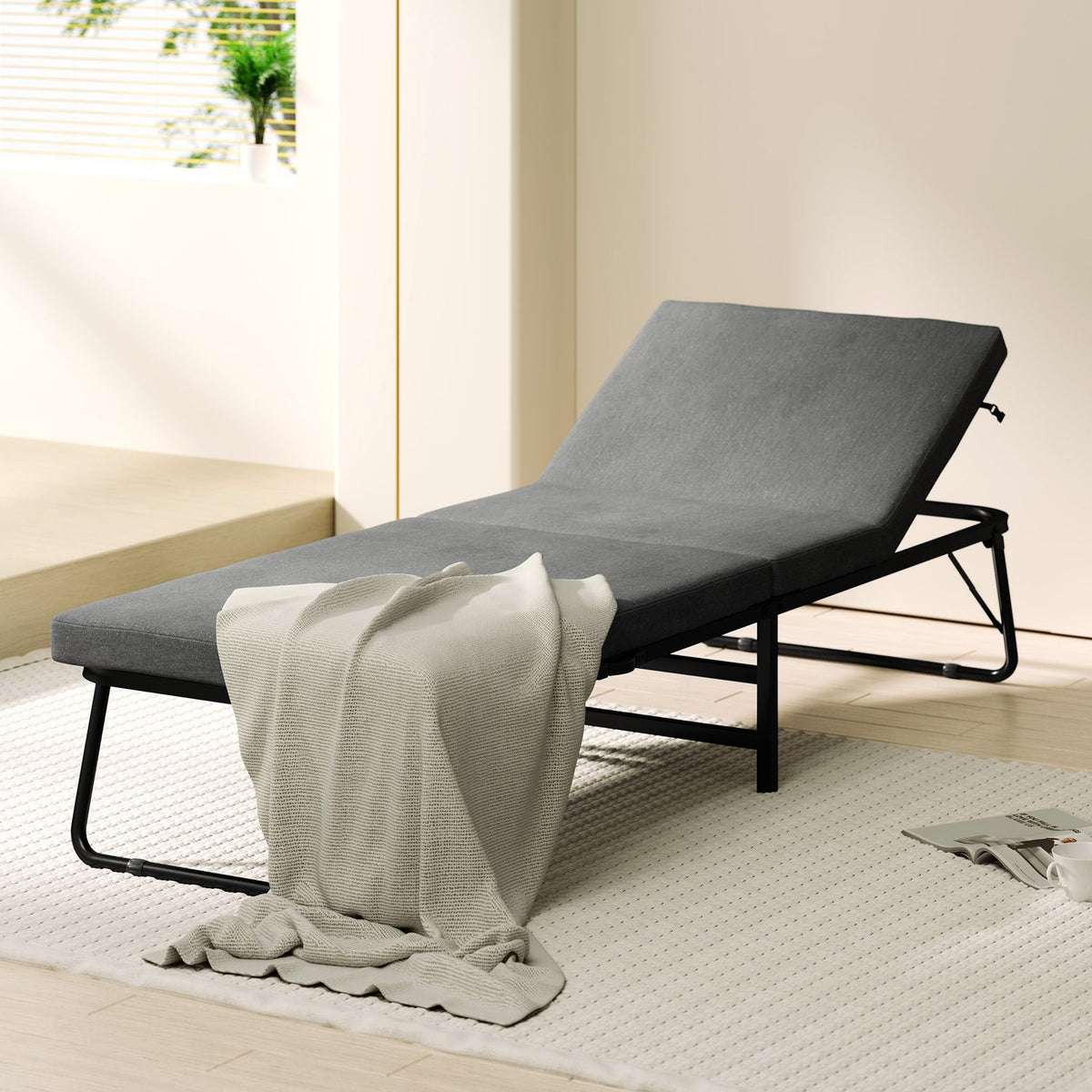 Folding bed 70 x 190 cm folding guest bed with 7cm foam mattress, adjustable headboard, travel bed with wheels, linen look, metal frame for office, guest room, dark gray