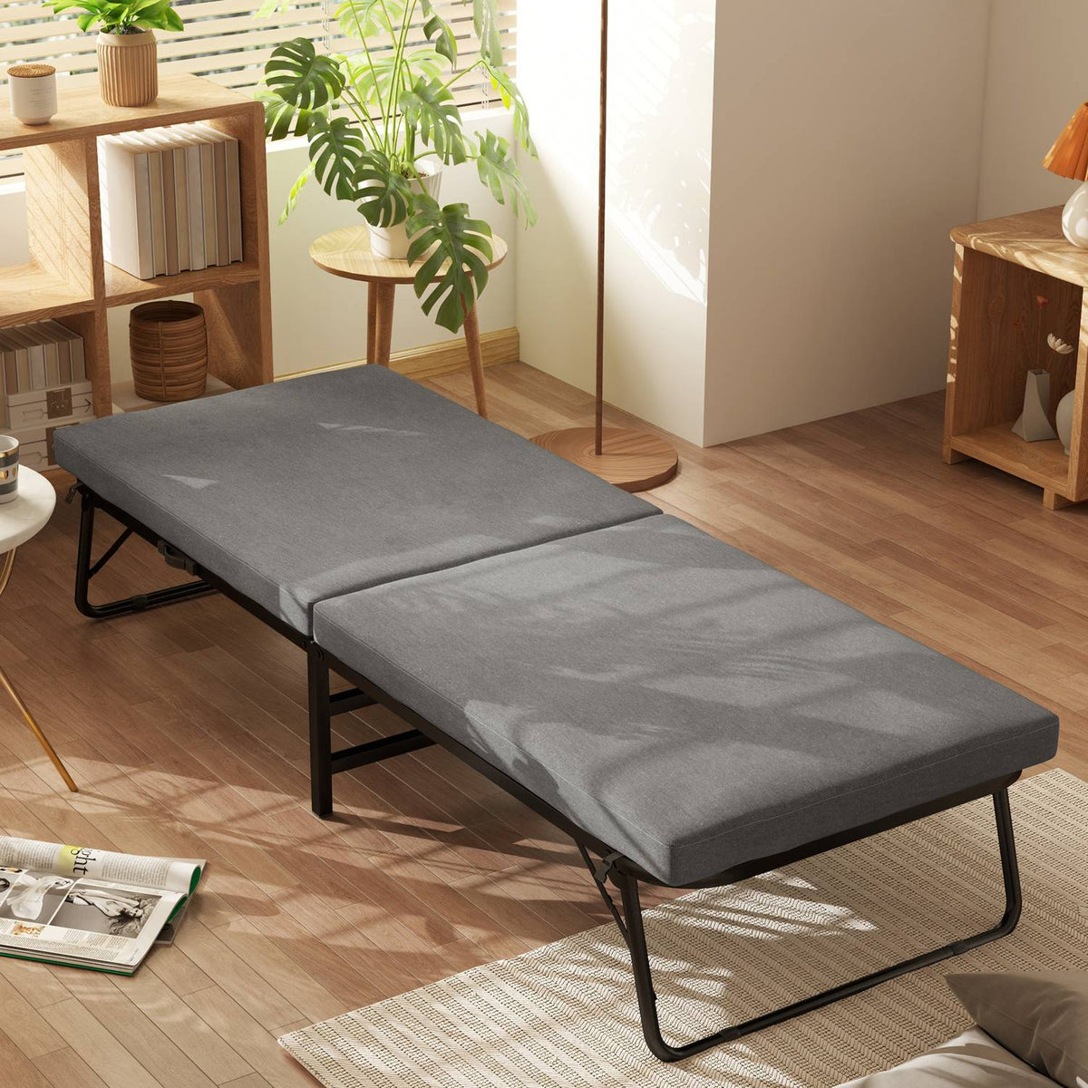 Folding bed 70 x 190 cm folding guest bed with 7cm foam mattress, adjustable headboard, travel bed with wheels, linen look, metal frame for office, guest room, dark gray