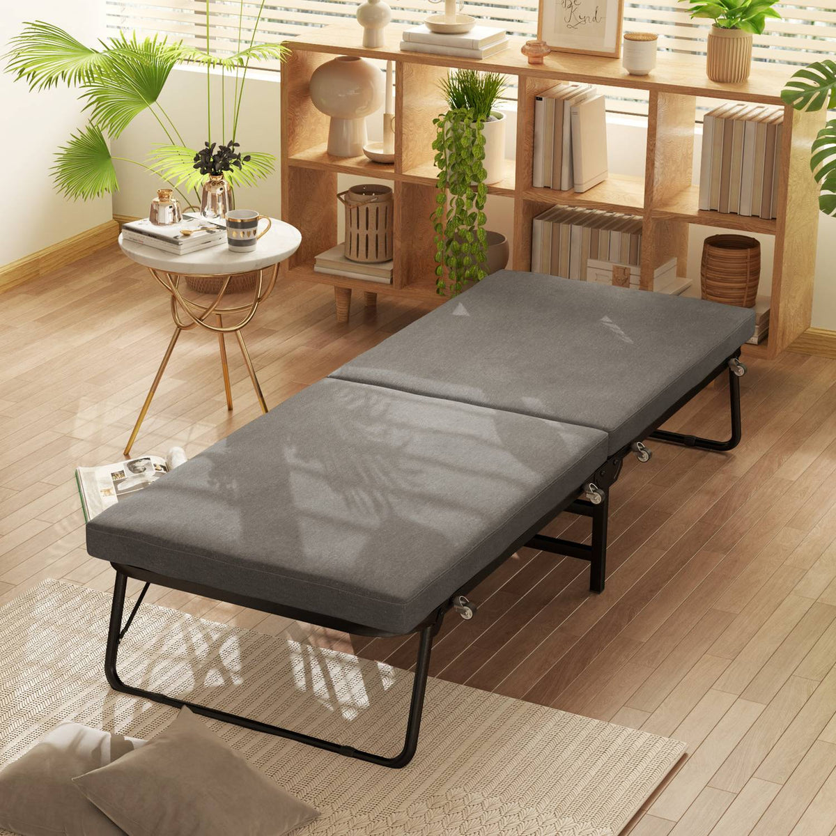 Folding bed 70 x 190 cm folding guest bed with 7cm foam mattress, adjustable headboard, travel bed with wheels, linen look, metal frame for office, guest room, dark gray